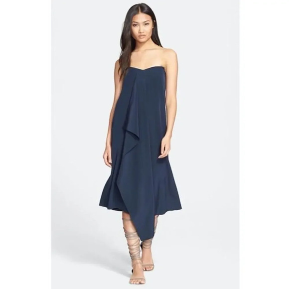 TIBI Strapless Towel Dress Navy Silk Size 2 Chic Effortless Drape Front - Picture 1 of 13
